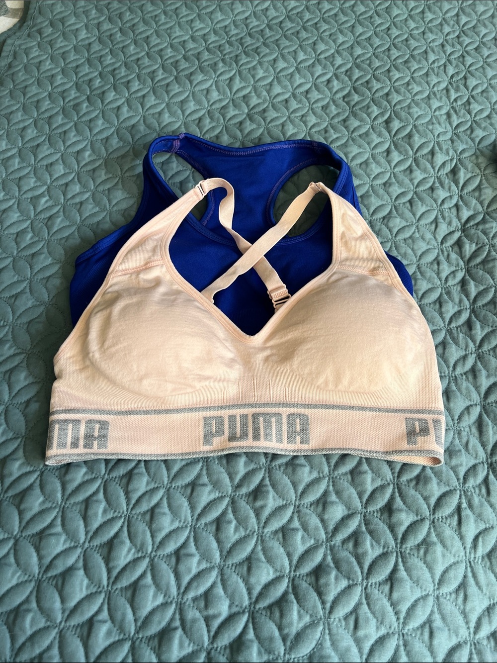 Two sports bras size small.   Pink puma and royal blue basic